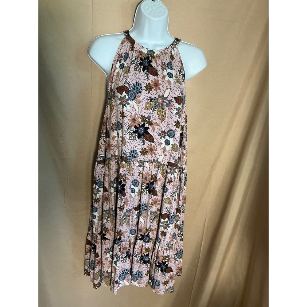 Floral Halter Dress Women Large Pink Tiered Boho Botanical Print Excellent